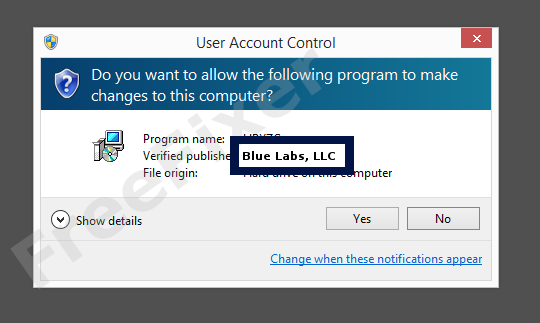 Screenshot where Blue Labs, LLC appears as the verified publisher in the UAC dialog